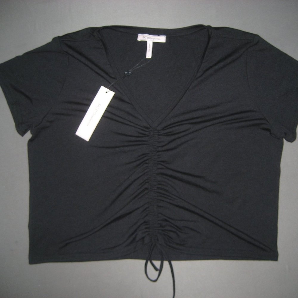 BCBGeneration Black Cropped Ruched Tie Front V Neck Tee Shirt Size Small S NWT